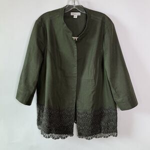 Coldwater Creek Womens Sz 18 Olive Green Open Front Linen Blend Jacket w/Lace